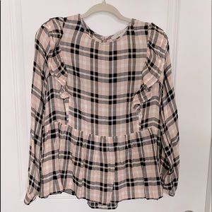 LOFT Peplum Ruffle Sleeve Plaid Blouse